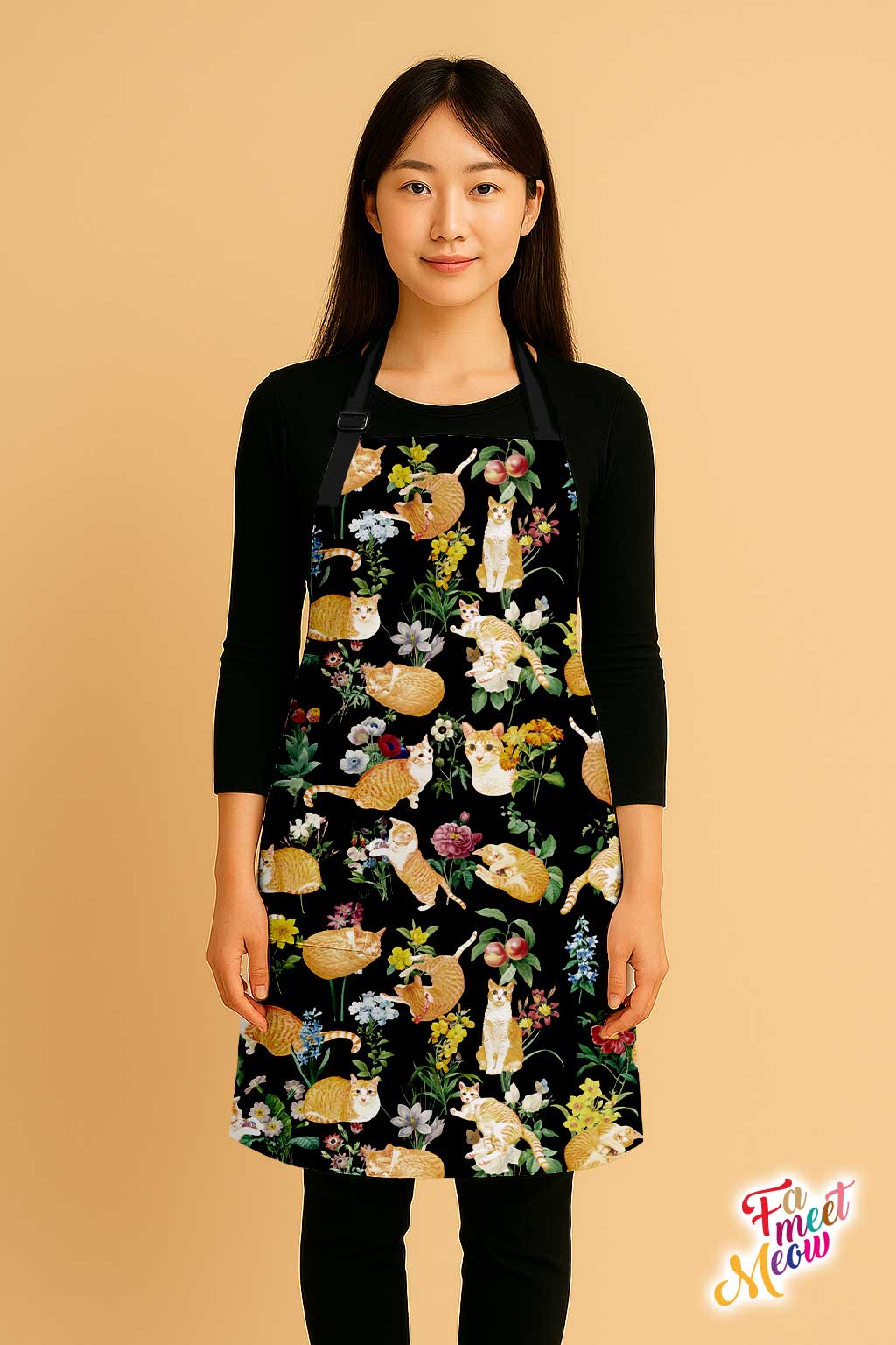 Waterproof & Oil-proof Apron - Floral (Black) Ginger Tabby Cat Flower Pattern Kitchen & Baking