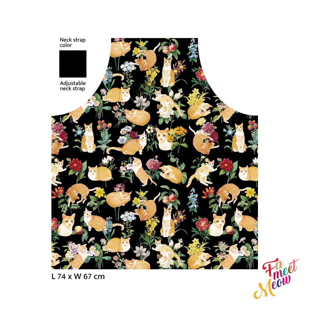 Waterproof & Oil-proof Apron - Floral (Black) Ginger Tabby Cat Flower Pattern Kitchen & Baking