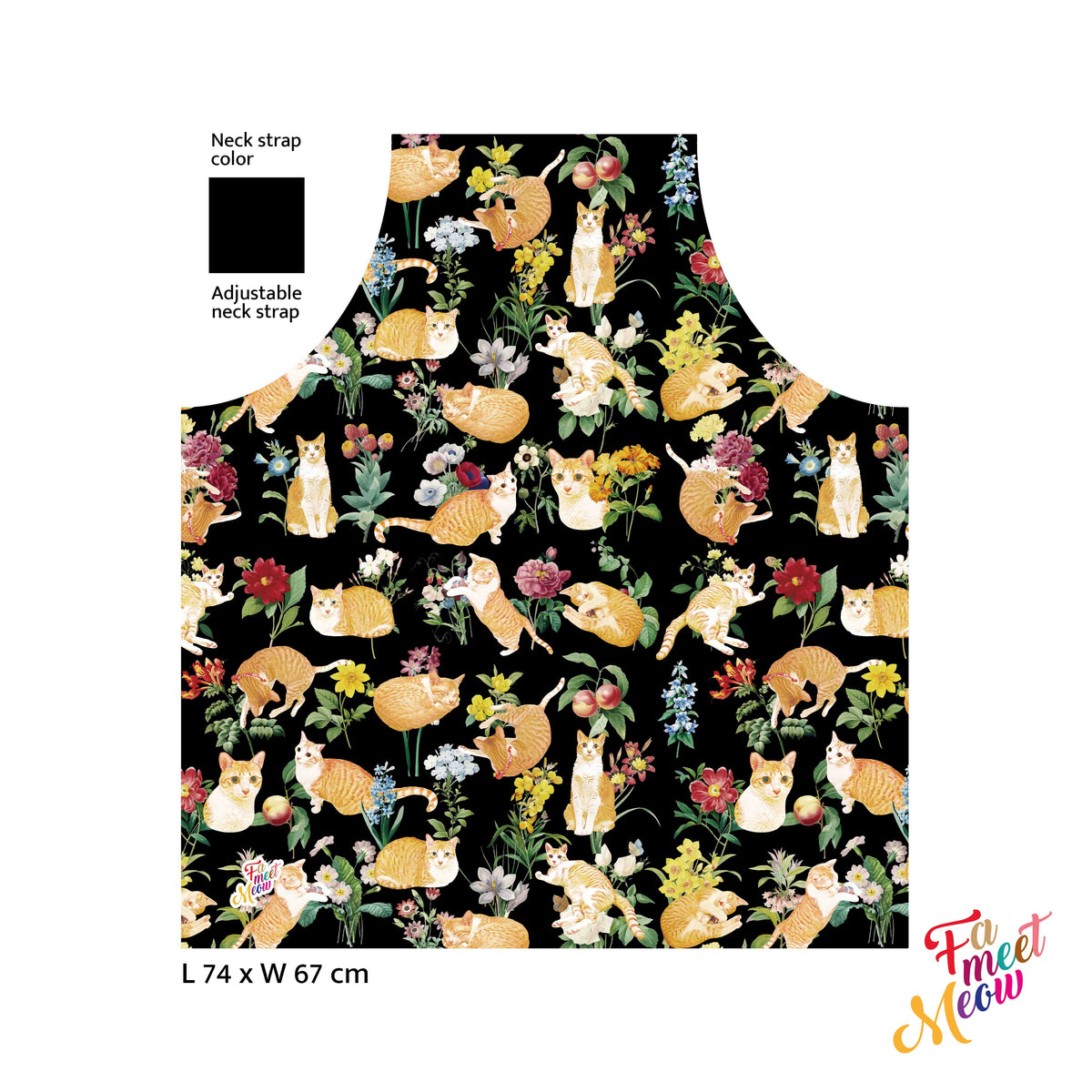 Waterproof & Oil-proof Apron - Floral (Black) Ginger Tabby Cat Flower Pattern Kitchen & Baking
