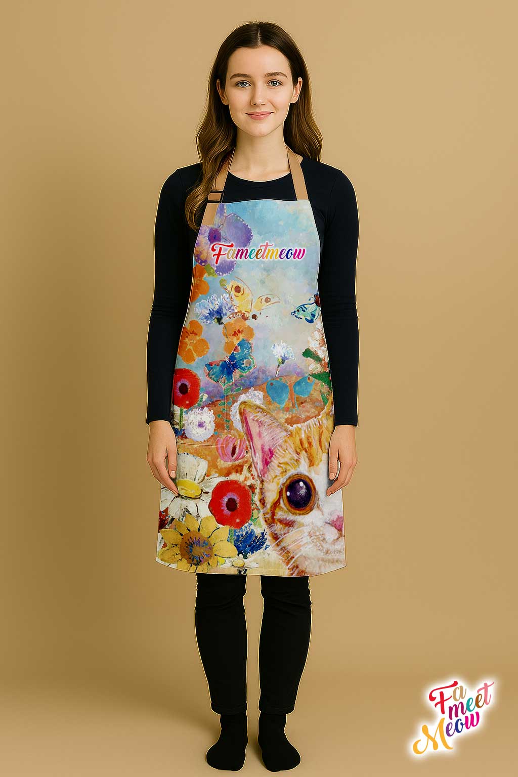 Waterproof & Oil-proof Apron - Paint Ginger Tabby Cat - Oil Paint Floral Pattern Kitchen & Baking