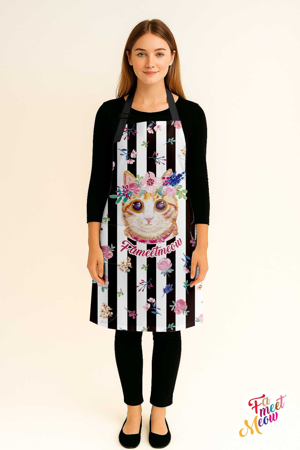 Waterproof & Oil-proof Apron - Classic (Black stripes) Ginger Tabby Cat Floral Pattern Kitchen & Baking