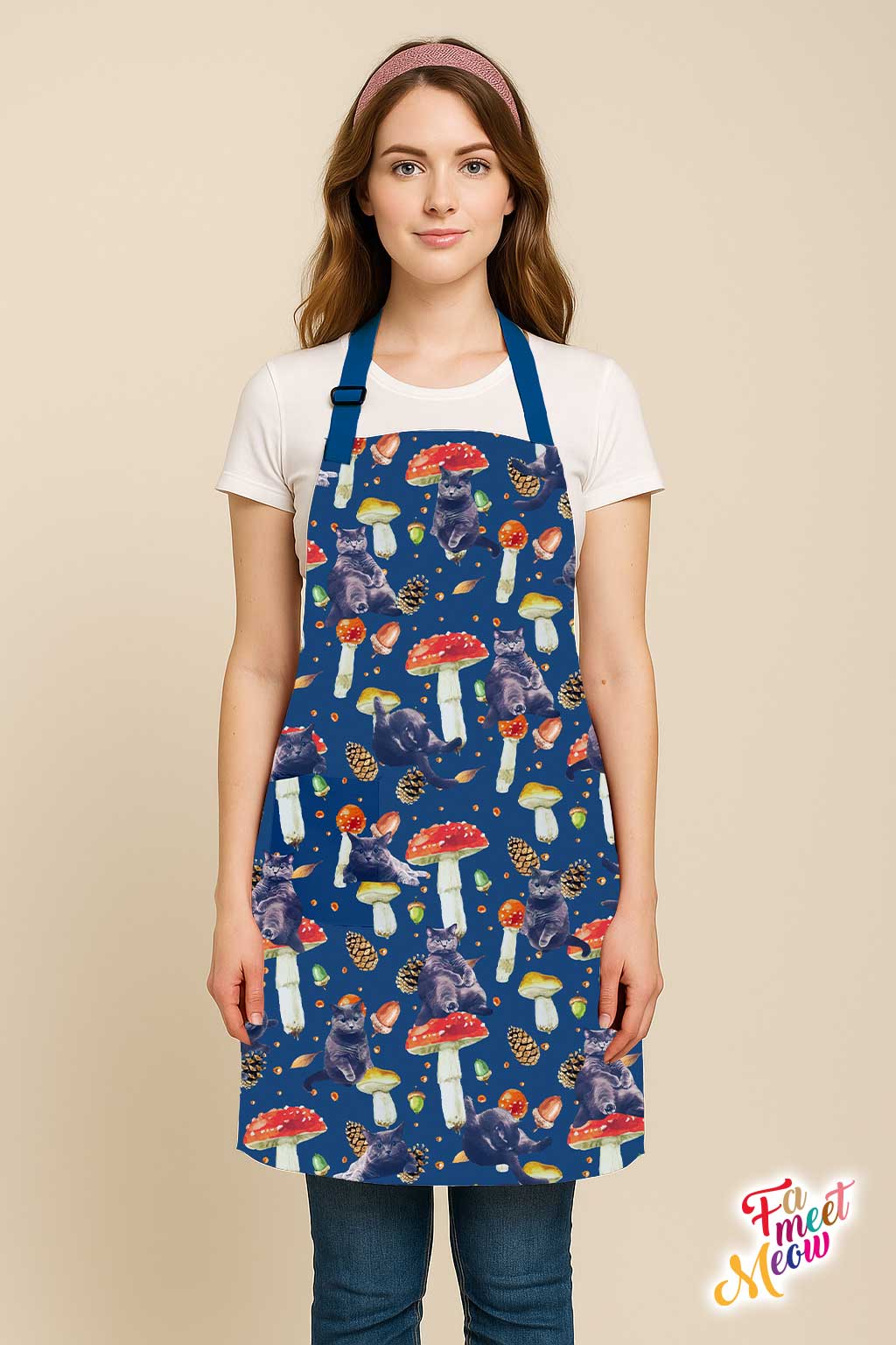 Waterproof & Oil-proof Apron - Mushroom (Navy Blue) British Shorthair Cat Floral Flower Pattern Kitchen & Baking
