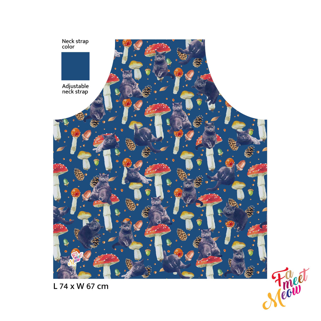 Waterproof & Oil-proof Apron - Mushroom (Navy Blue) British Shorthair Cat Floral Flower Pattern Kitchen & Baking