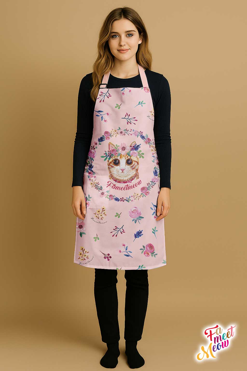 Waterproof & Oil-proof Apron - Classic (Pink) Ginger Tabby Cat Floral Pattern Kitchen & Baking