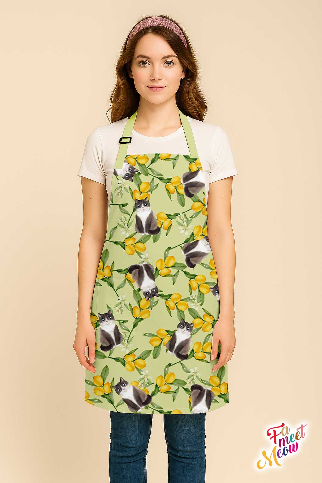 Waterproof & Oil-proof Apron - Lemon Grey & White Cat Floral Flower Pattern Kitchen & Baking