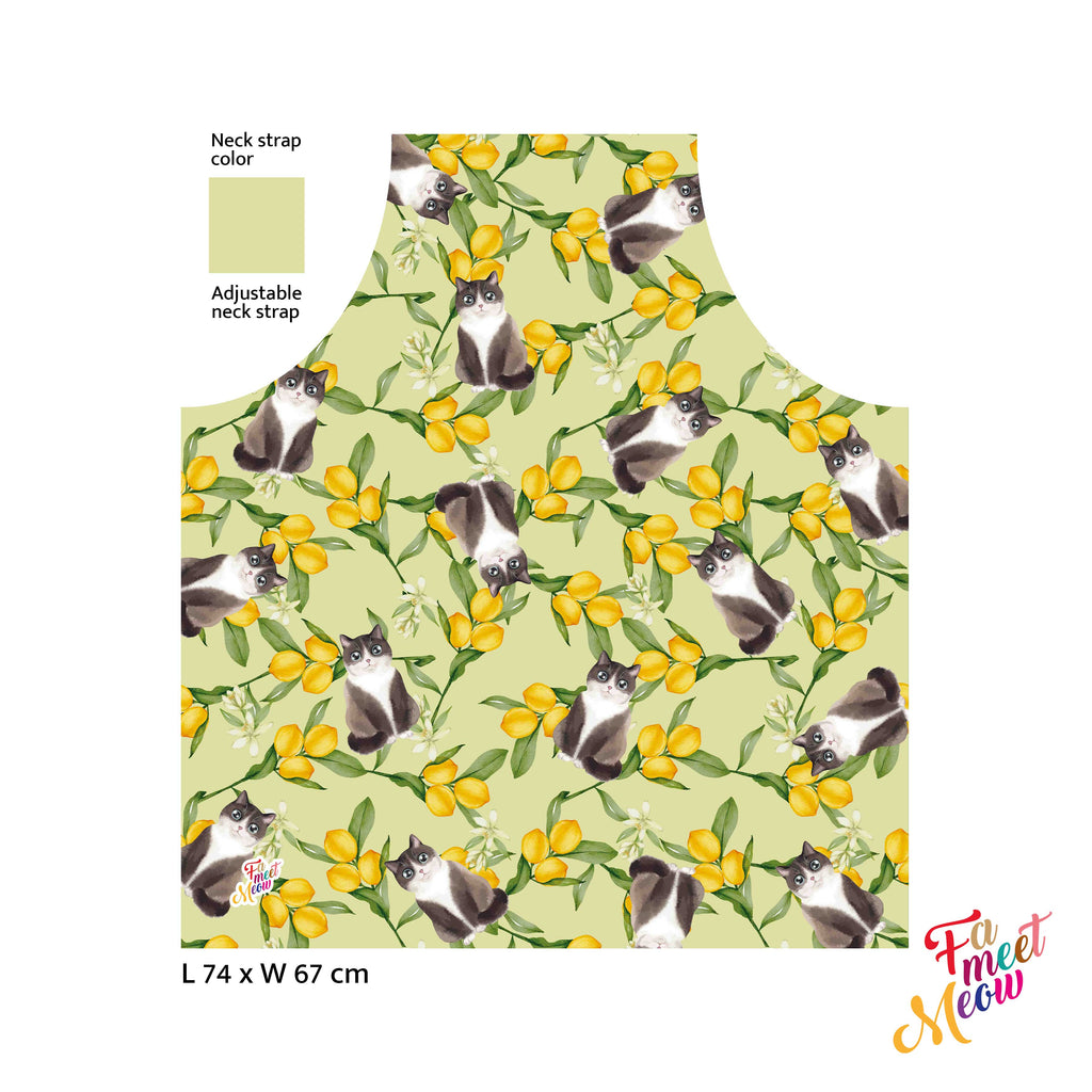 Waterproof & Oil-proof Apron - Lemon Grey & White Cat Floral Flower Pattern Kitchen & Baking
