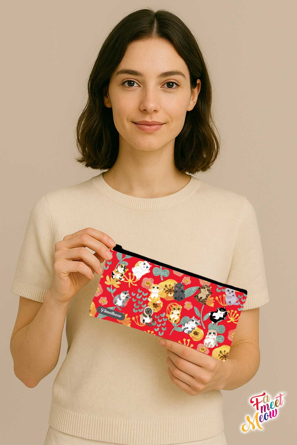 Pencil Case - Fluttering Flower Cats (Red)