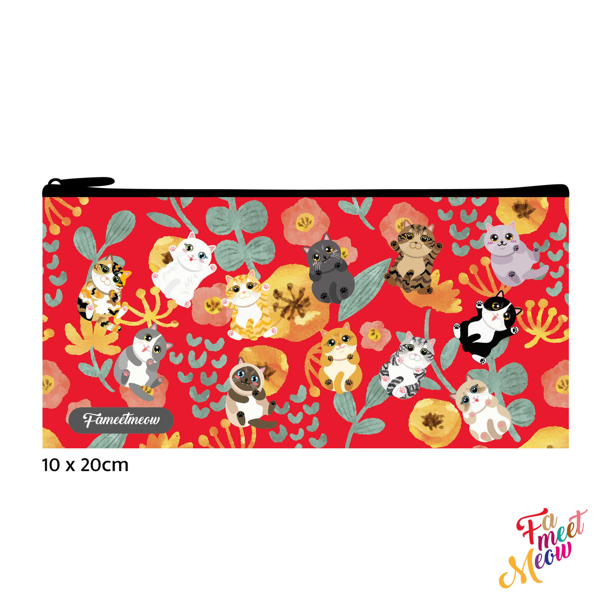 Pencil Case - Fluttering Flower Cats (Red)