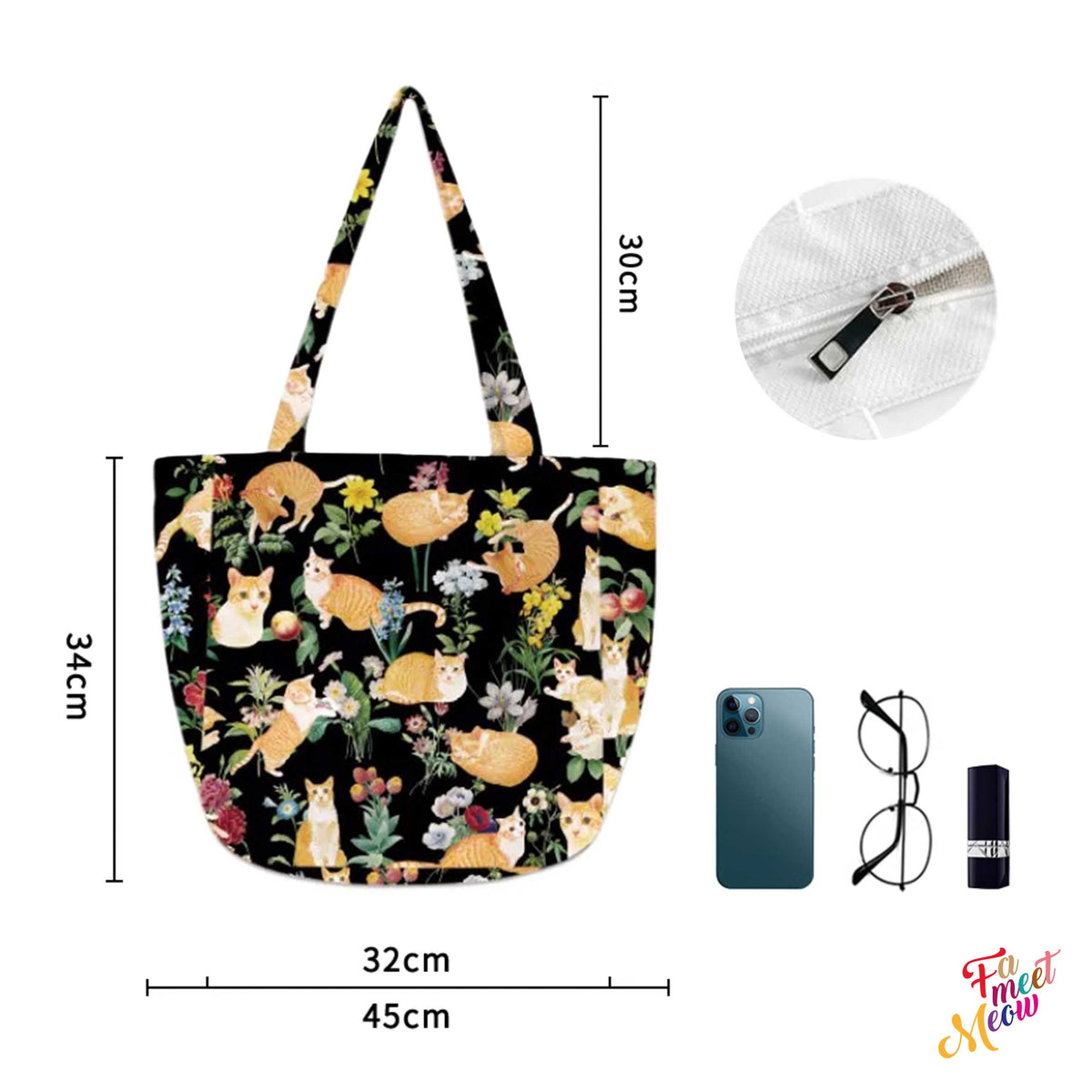 Shoulder Tote Bag - Floral (Black)