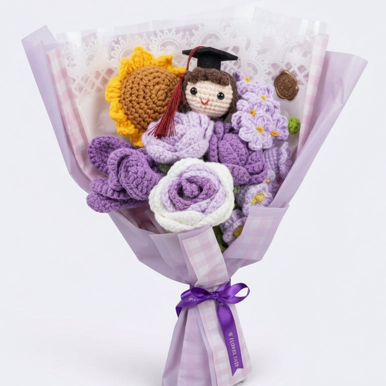 Graduation Sunflower Mix with Female Graduate Doll - 8-Stem Purple Crochet Bouquet (Vol. 1)