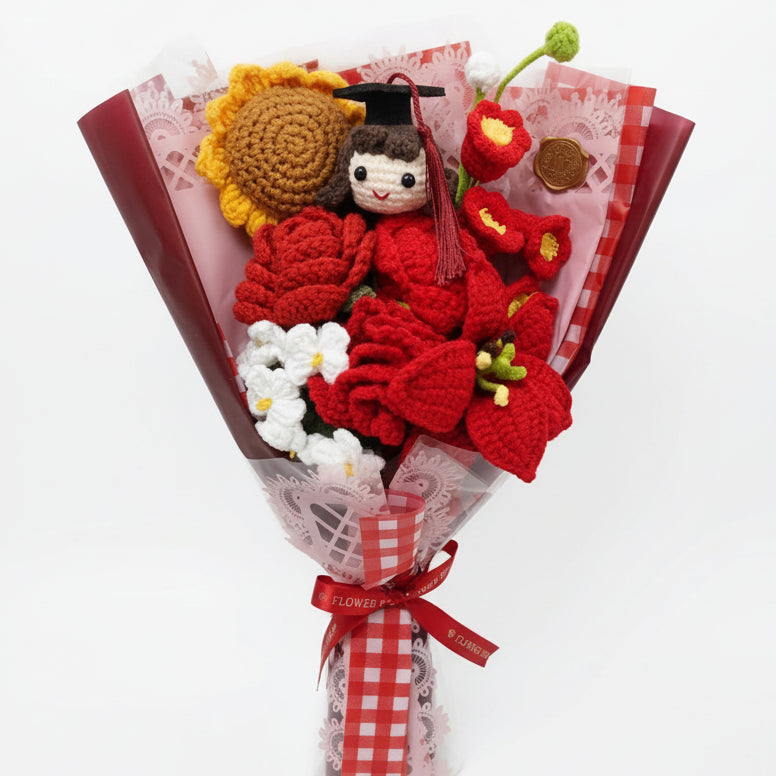 Graduation Sunflower Mix with Female Graduate Doll - 8-Stem Red Crochet Bouquet (Vol. 1)
