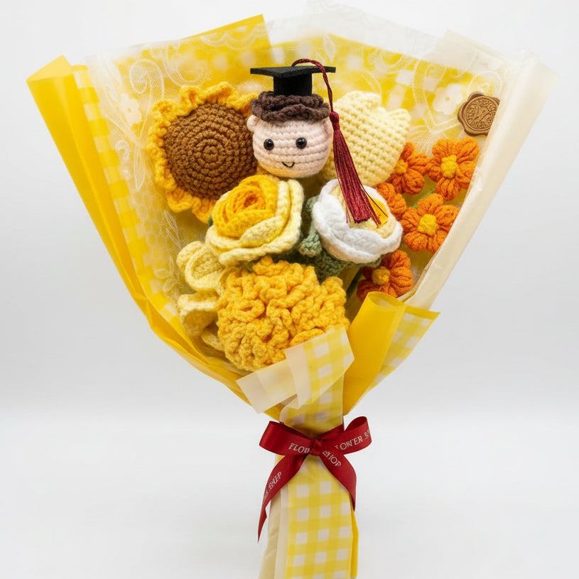 Graduation Sunflower Mix with Male Graduate Doll - 8-Stem Yellow Crochet Bouquet (Vol. 1)