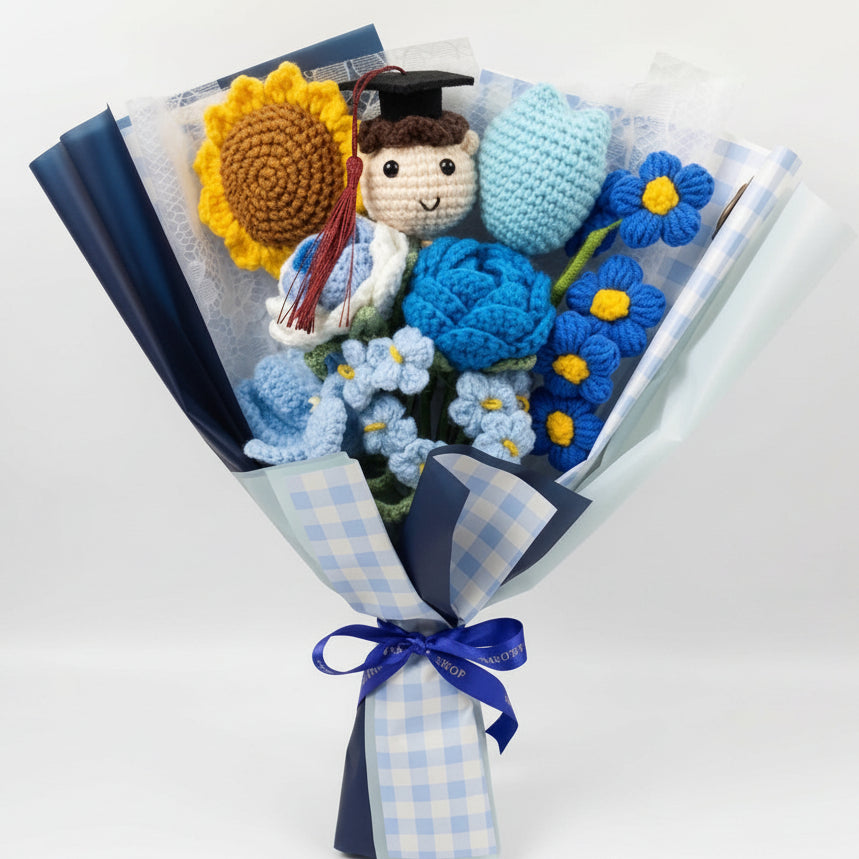 Graduation Sunflower Mix with Male Graduate Doll - 8-Stem Blue Crochet Bouquet (Vol. 1)