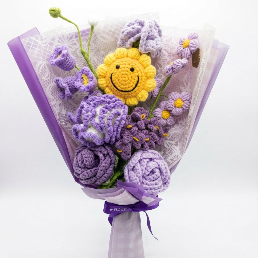 Korean-Style Smiley Face 8-Stem Purple Crochet Bouquet