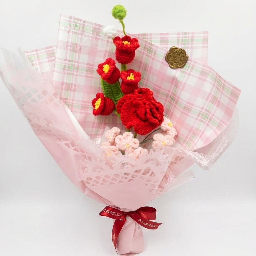 Japanese Style Red & Pink Mix - 3-Stem Crochet Bouquet