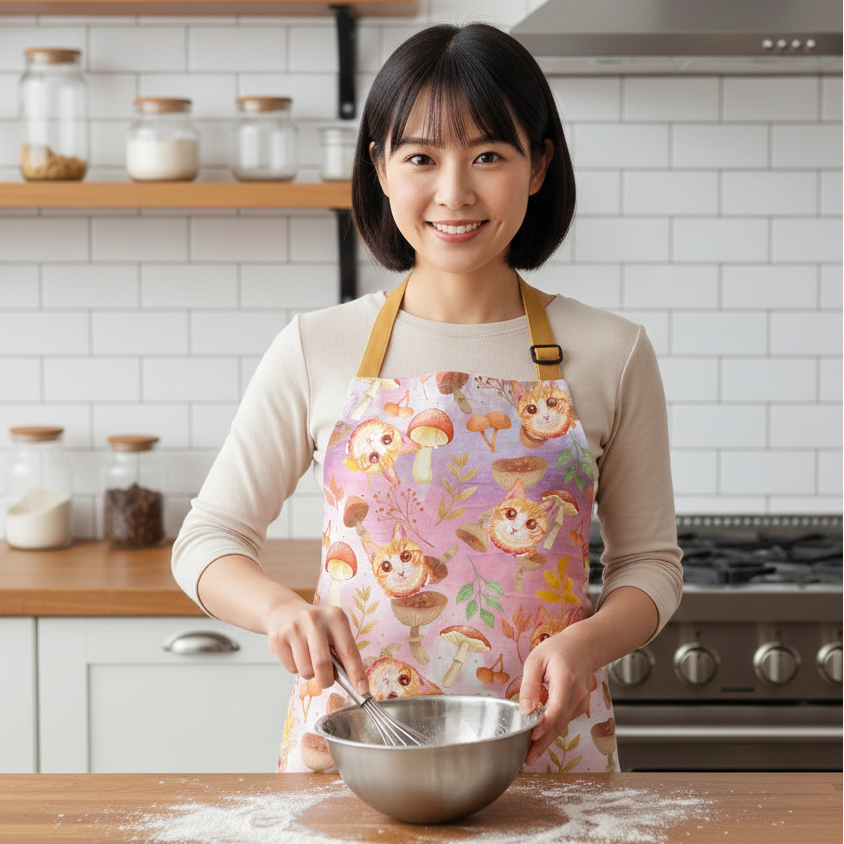 Waterproof & Oil-proof Apron - Mushroom (Pink) Ginger Tabby Cat  Floral Pattern Kitchen & Baking