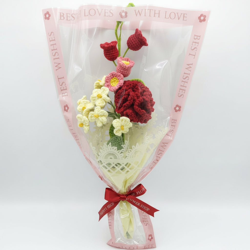 Red Carnation Floral Mix - 3-Stem Crochet Bouquet