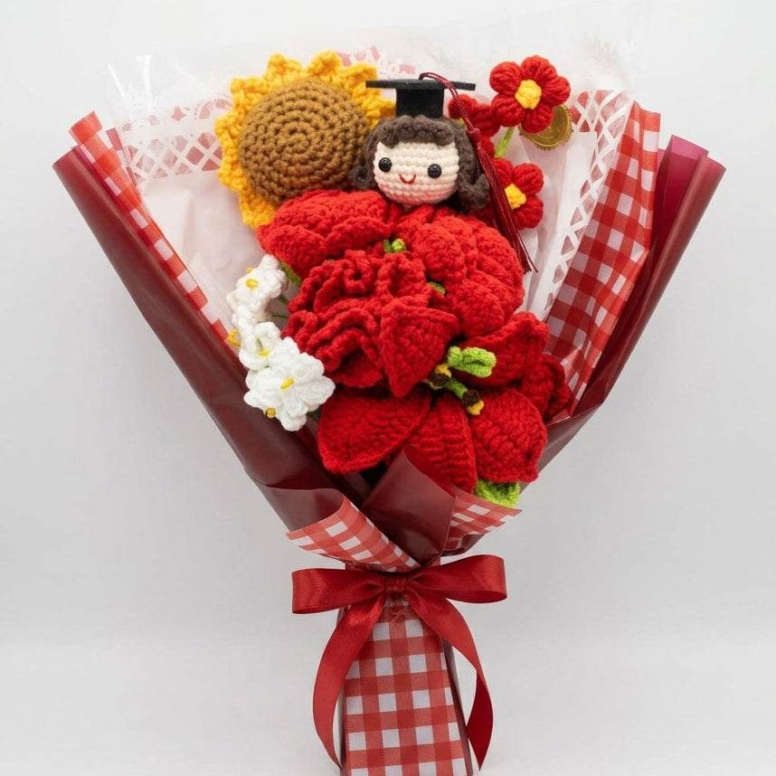 Graduation Sunflower Mix with Female Graduate Doll - 8-Stem Red Crochet Bouquet (Vol. 2)