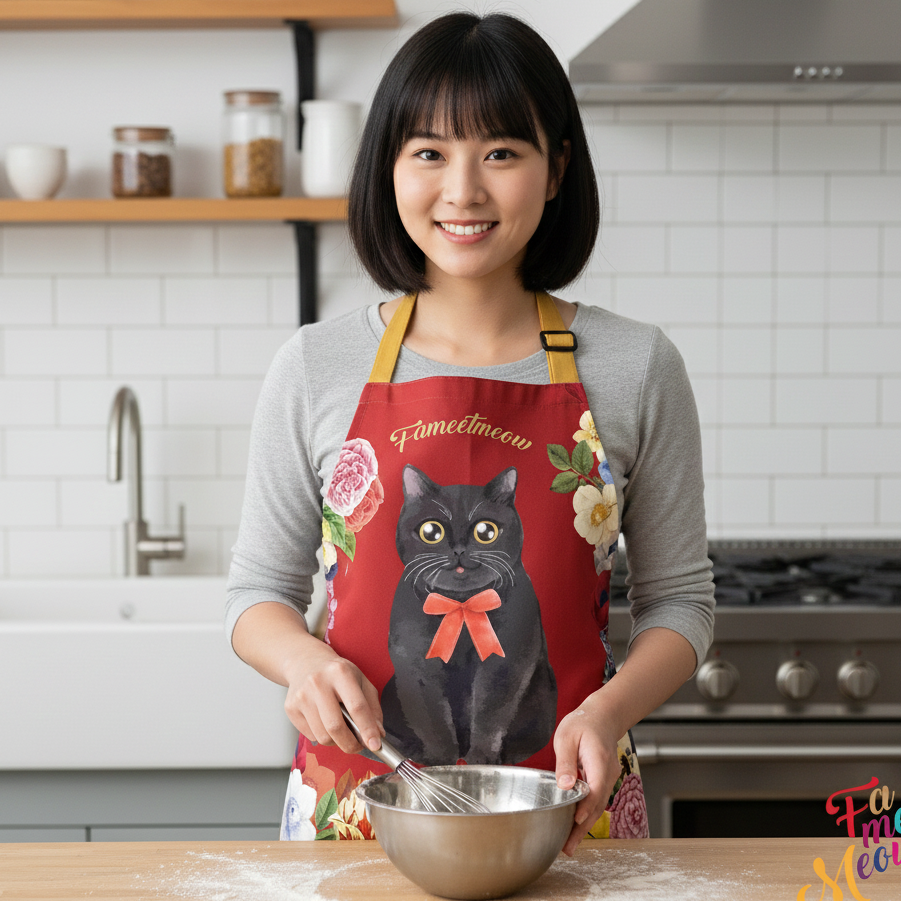 Waterproof & Oil-proof Apron - Botanical British Shorthair Cat Floral Pattern Kitchen & Baking