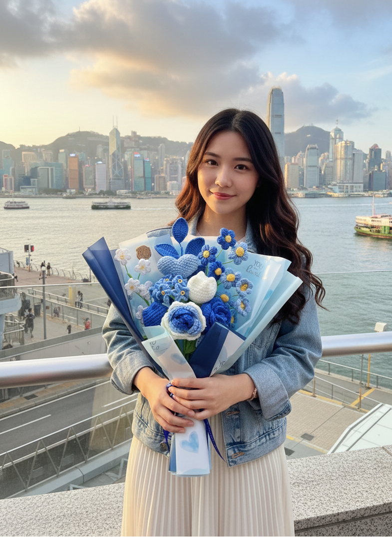 Korean Style Blue Heart Floral Mix - 11-Stem Crochet Bouquet