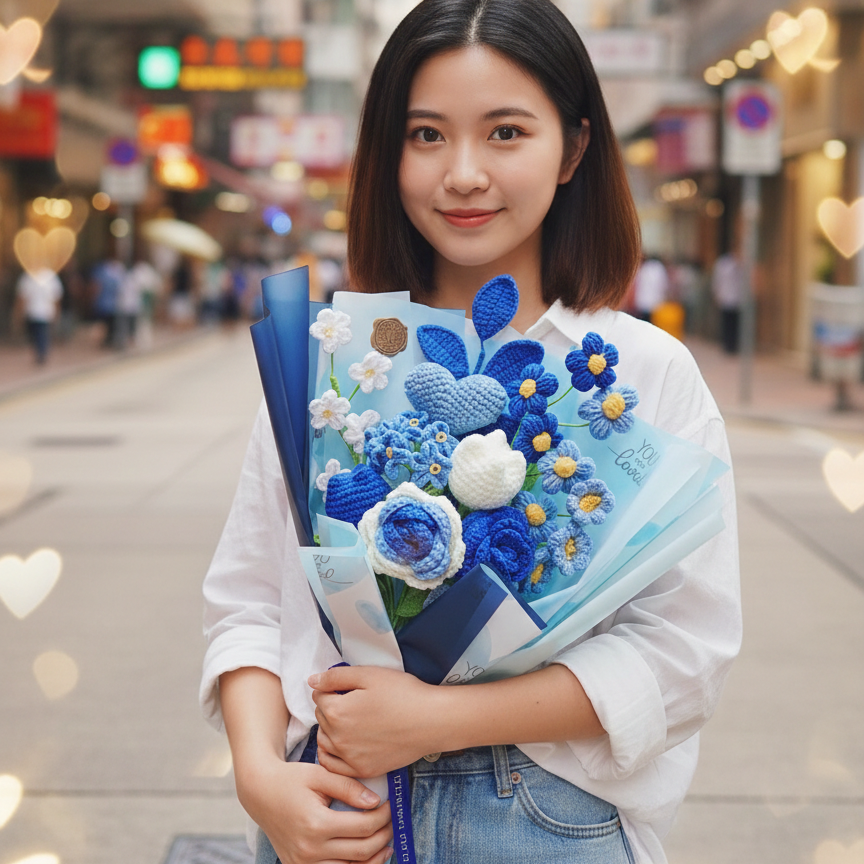 Korean Style Blue Heart Floral Mix - 11-Stem Crochet Bouquet