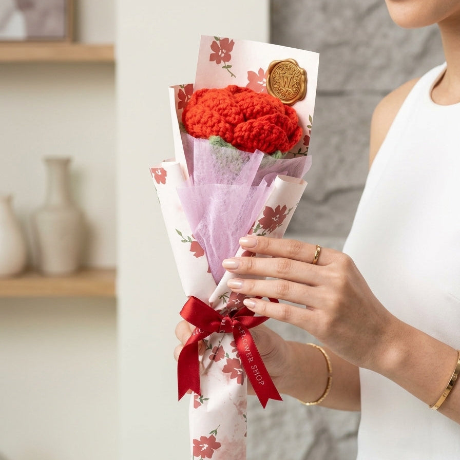 Red Rose - Single Stem Crochet Flower with Unique Wrapping