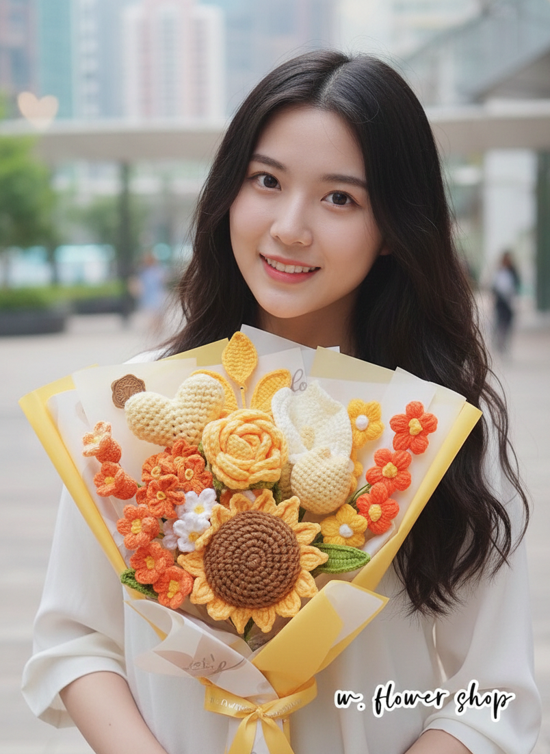 Korean Style Yellow Heart Floral Mix - 11-Stem Crochet Bouquet