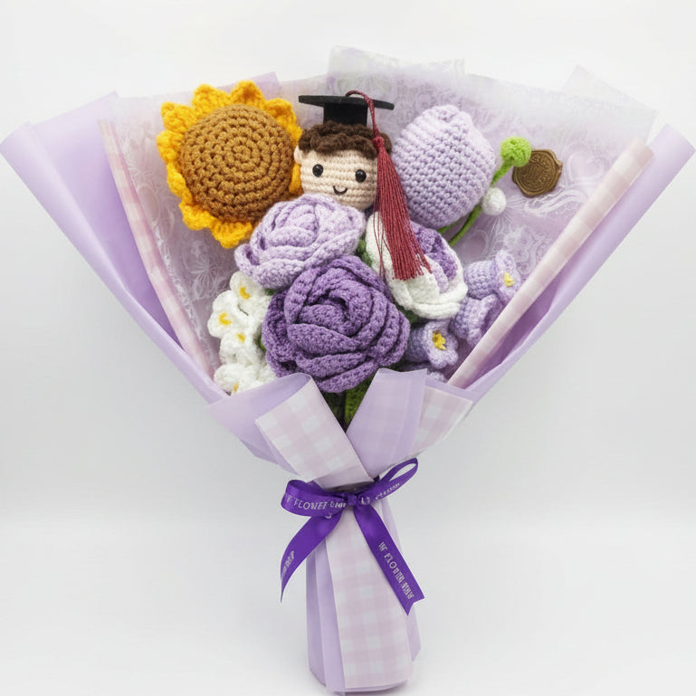 Graduation Sunflower Mix with Male Graduate Doll - 8-Stem Purple Crochet Bouquet (Vol. 1)