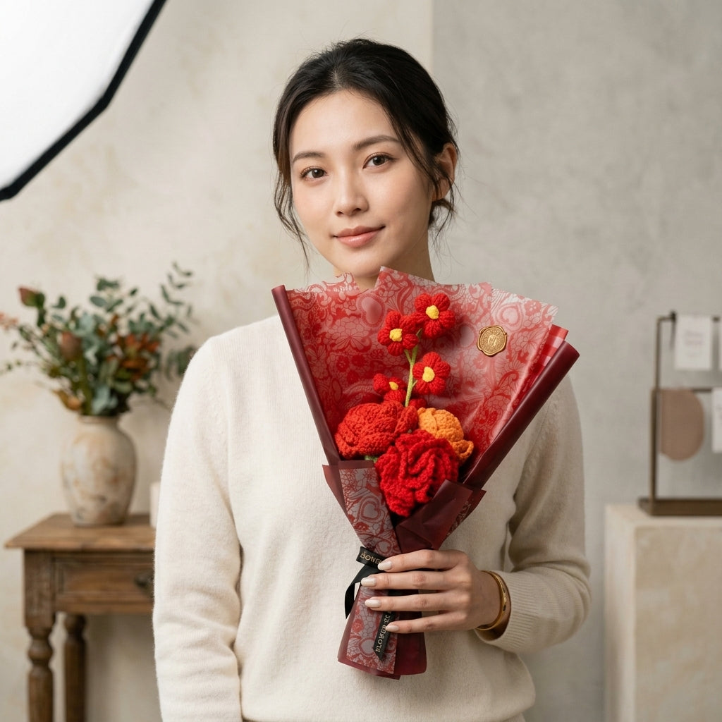 Rose, 5-Petal Flower & Carnation Mix - 4-Stem Red Crochet Bouquet