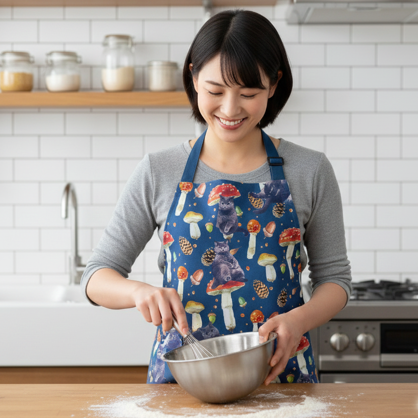 Waterproof & Oil-proof Apron - Mushroom (Navy Blue) British Shorthair Cat Floral Flower Pattern Kitchen & Baking