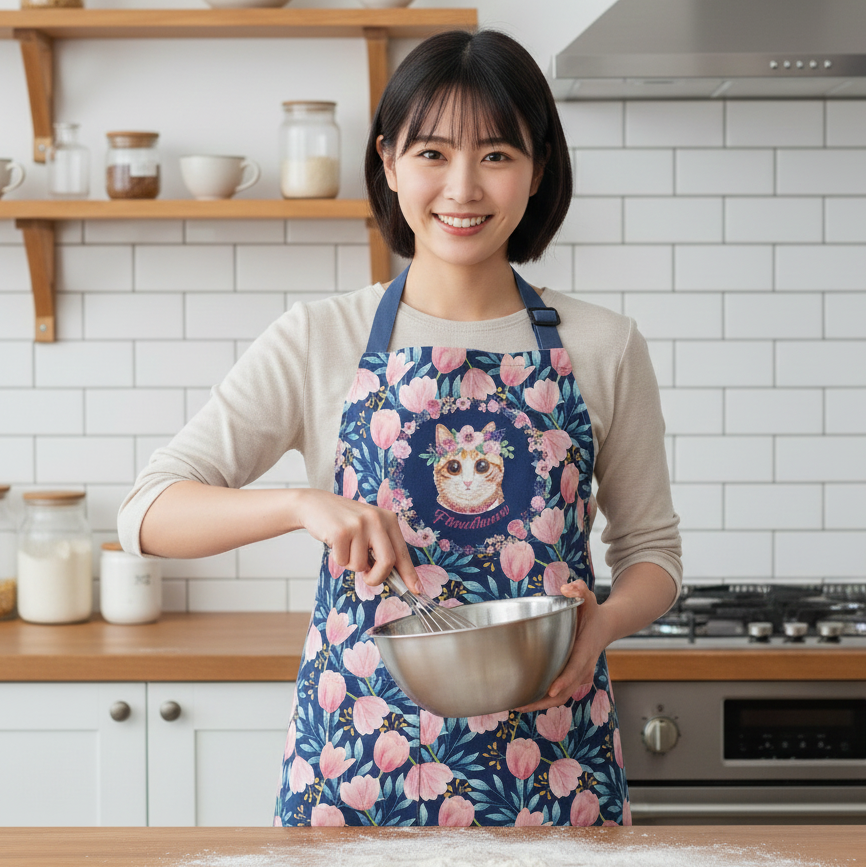 Waterproof & Oil-proof Apron - Tulips - Ginger Tabby Cat Floral Pattern Kitchen & Baking