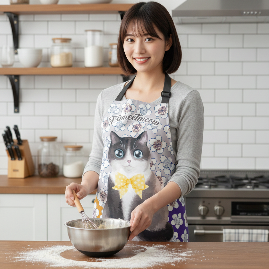 Waterproof & Oil-proof Apron - Plum Blossom Cute Grey & White Cat Floral Pattern Kitchen & Baking