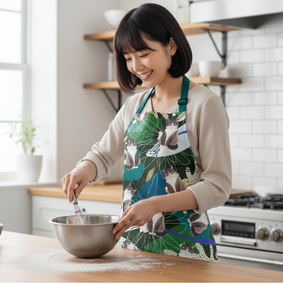Waterproof & Oil-proof Apron - Lotus - Grey & White british shorthair Cat Floral Pattern Kitchen & Baking