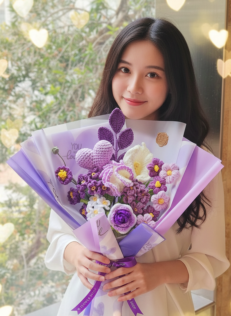Korean Style Purple Heart Floral Mix - 11-Stem Crochet Bouquet