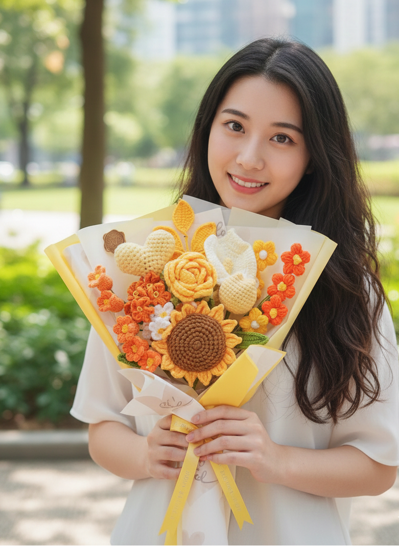 Korean Style Yellow Heart Floral Mix - 11-Stem Crochet Bouquet