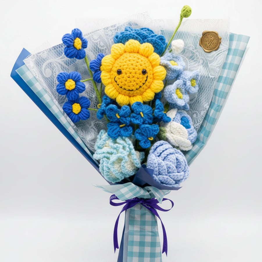 Korean-Style Smiley Face 8-Stem Blue Crochet Bouquet