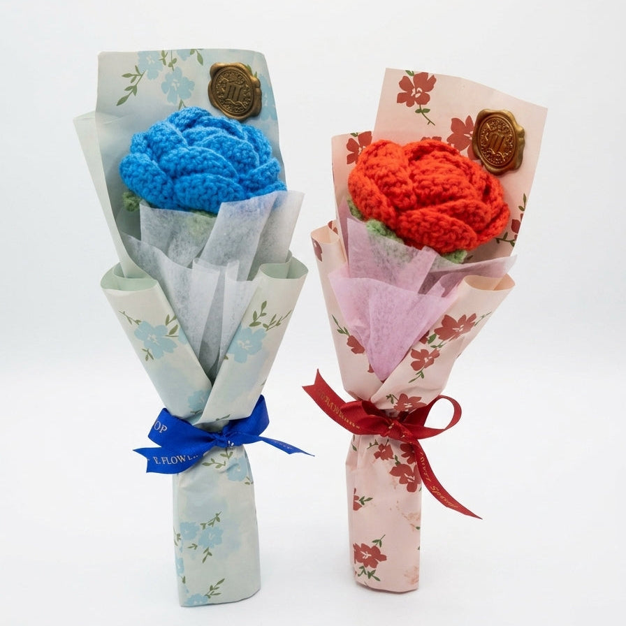 Blue Rose - Single Stem Crochet Flower with Unique Wrapping