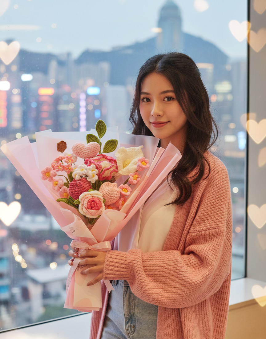 Korean Style Pink Heart Floral Mix - 11-Stem Crochet Bouquet