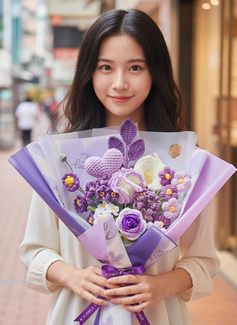 Korean Style Purple Heart Floral Mix - 11-Stem Crochet Bouquet
