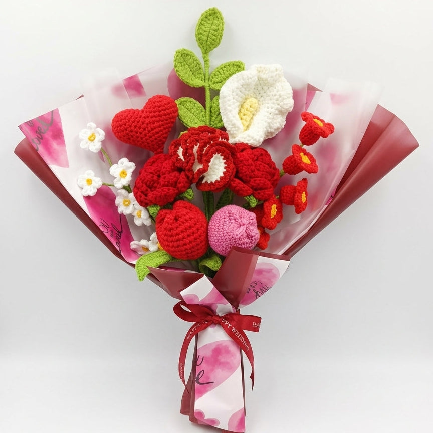 Korean-Style Red Heart & Mixed Floral - 10-Stem Crochet Bouquet