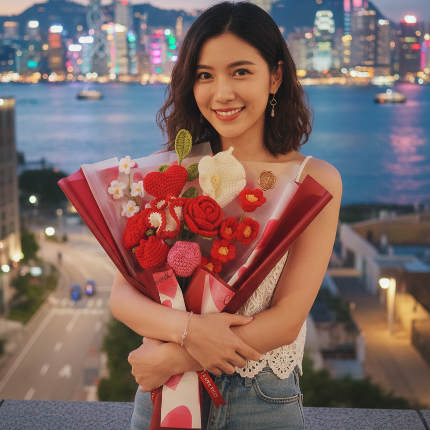 Korean-Style Red Heart & Mixed Floral - 10-Stem Crochet Bouquet