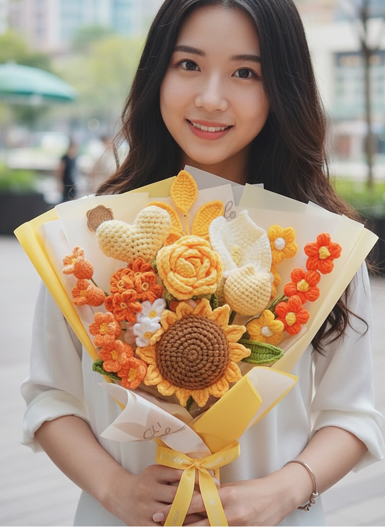 Korean Style Yellow Heart Floral Mix - 11-Stem Crochet Bouquet