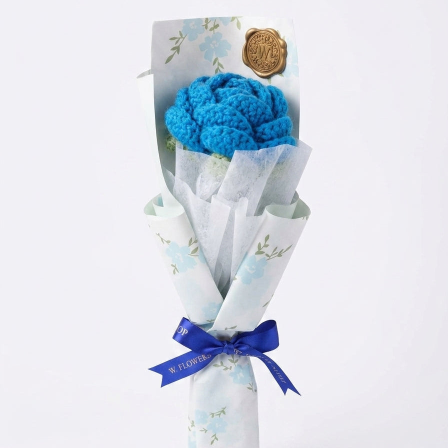Blue Rose - Single Stem Crochet Flower with Unique Wrapping