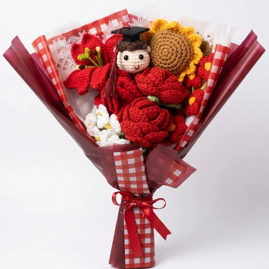 Graduation Sunflower Mix with Male Graduate Doll - 8-Stem Red Crochet Bouquet (Vol. 1)