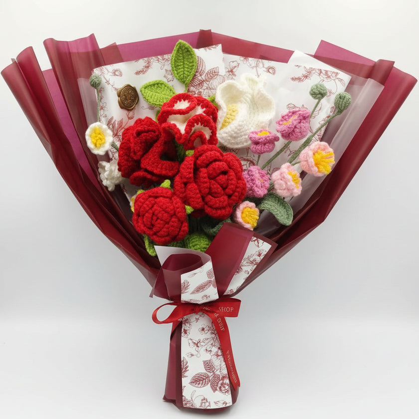 Korean-Style Red Mixed Floral - 10-Stem Crochet Bouquet