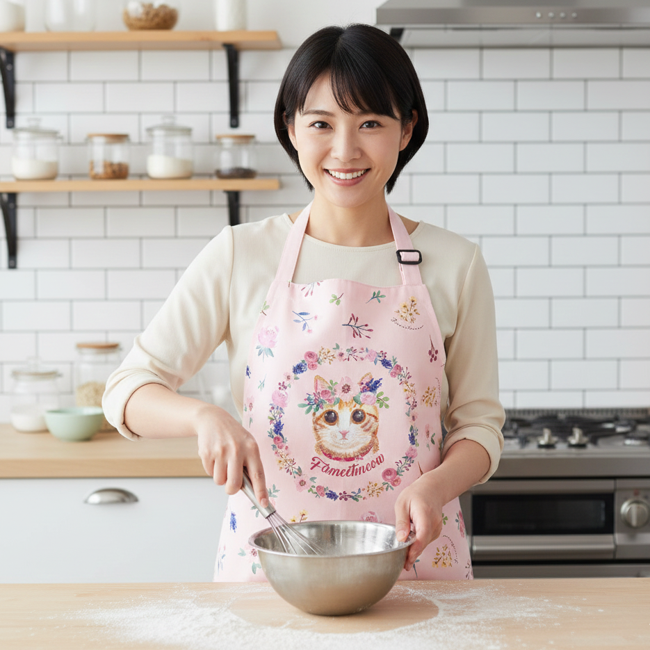 Waterproof & Oil-proof Apron - Classic (Pink) Ginger Tabby Cat Floral Pattern Kitchen & Baking