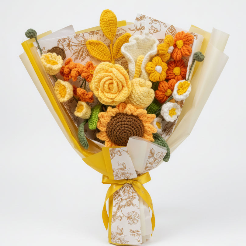 Korean-Style Yellow Mixed Floral - 10-Stem Crochet Bouquet