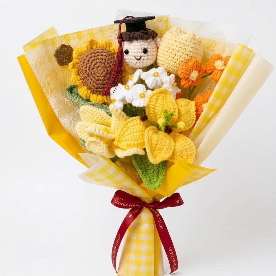 Graduation Sunflower Mix with Male Graduate Doll - 8-Stem Yellow Crochet Bouquet (Vol. 2)