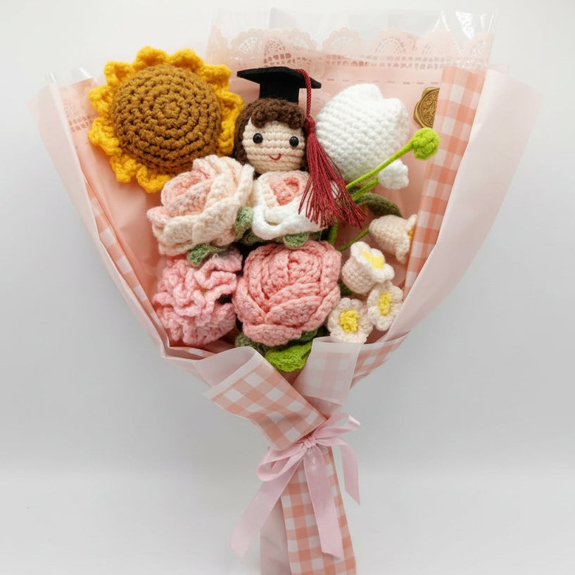Graduation Sunflower Mix with Female Graduate Doll - 8-Stem Pink Crochet Bouquet (Vol. 1)