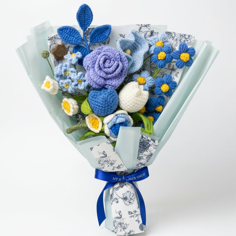 Korean-Style Blue Mixed Floral - 10-Stem Crochet Bouquet